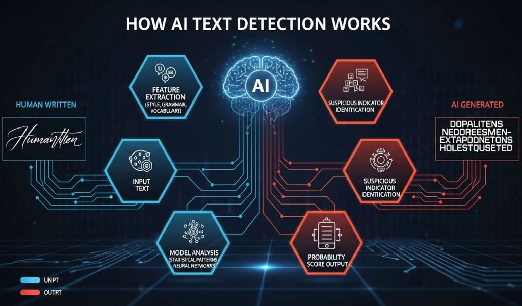 Diagram showing AI text detection process distinguishing human-written and AI-generated writing through feature extraction and probability scoring.