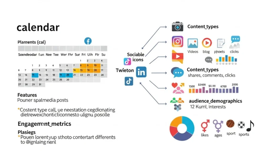 Sample social media content plan showing calendar, engagement metrics, content types, and audience demographics with platform icons.