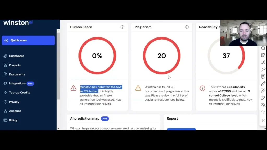 Screenshot of Winston AI interface showing 0% human score, 20 plagiarism occurrences, and 37 readability score.