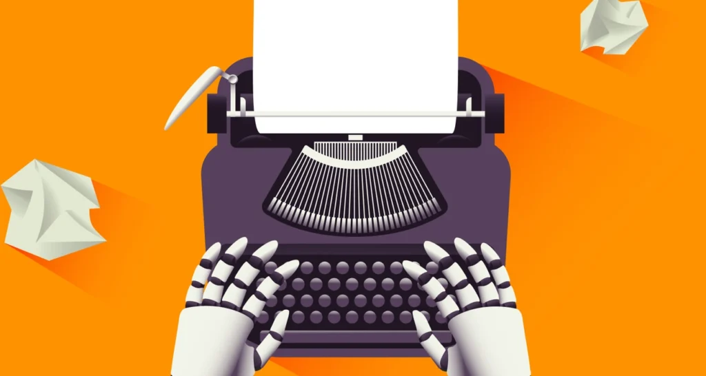 Robot hands typing on a typewriter symbolizing AI copywriting's role in content creation, with crumpled paper nearby.