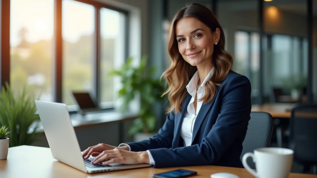 Professional woman using ai email generator software on laptop in modern office environment