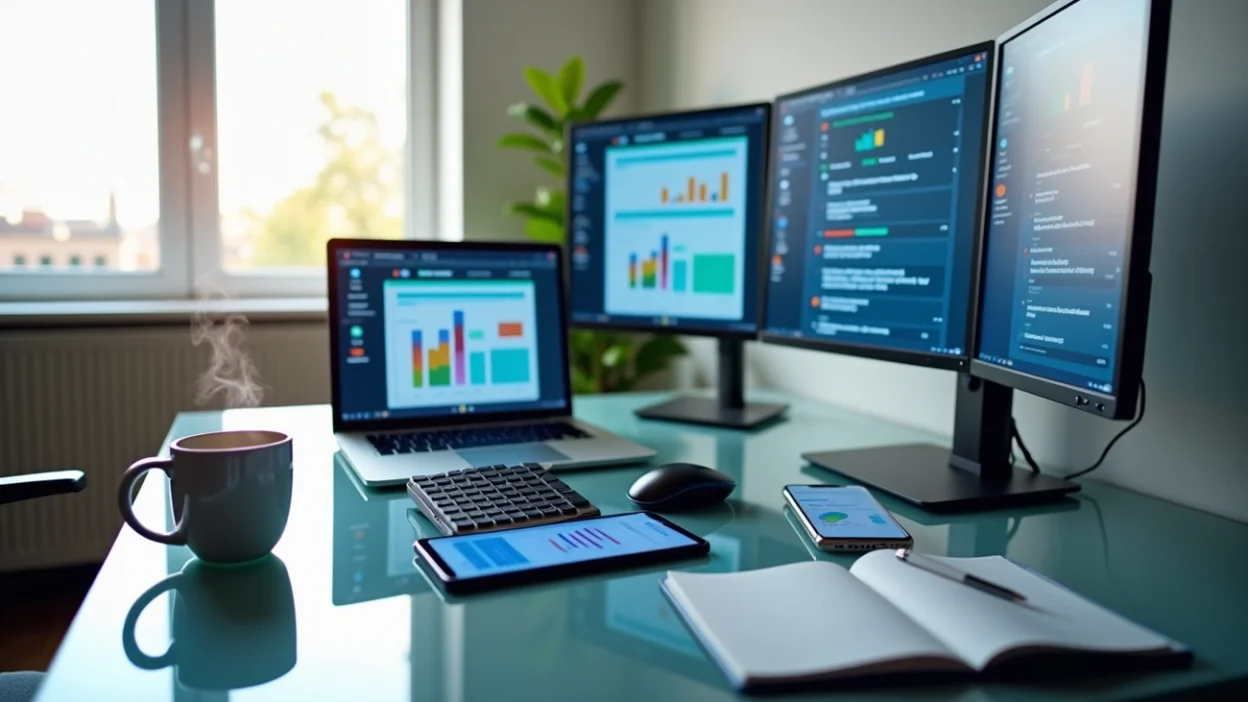 Multi-screen workspace displaying ai tools for content marketing analytics and performance dashboards