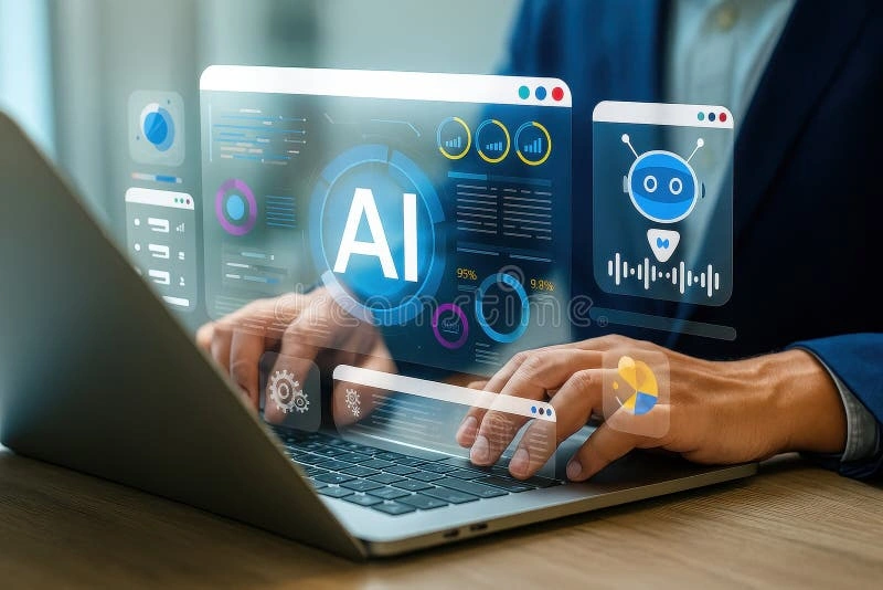 Professional using ai writing tool on laptop with holographic interface showing analytics and chatbot features