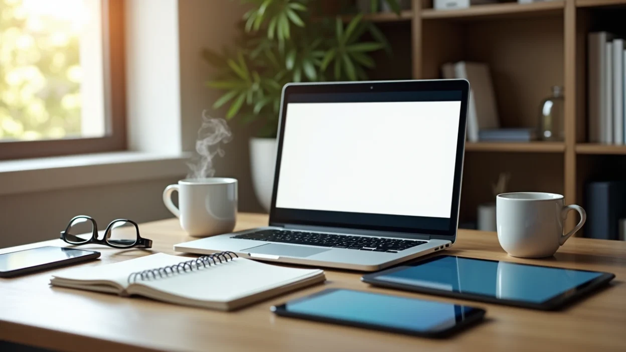 AI writing tools workspace with laptop, notebook and coffee in cozy home office setup for content creation