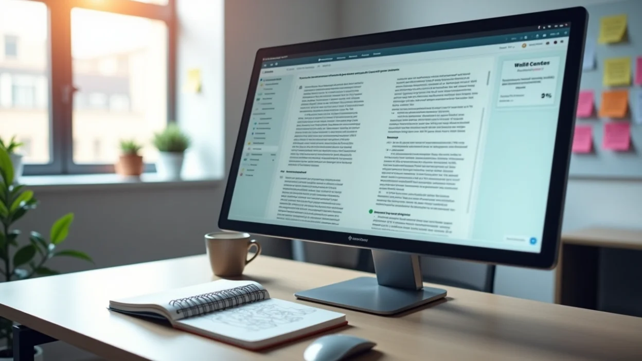 Best AI checker interface on desktop monitor showing content analysis with 9% AI detection score in modern workspace