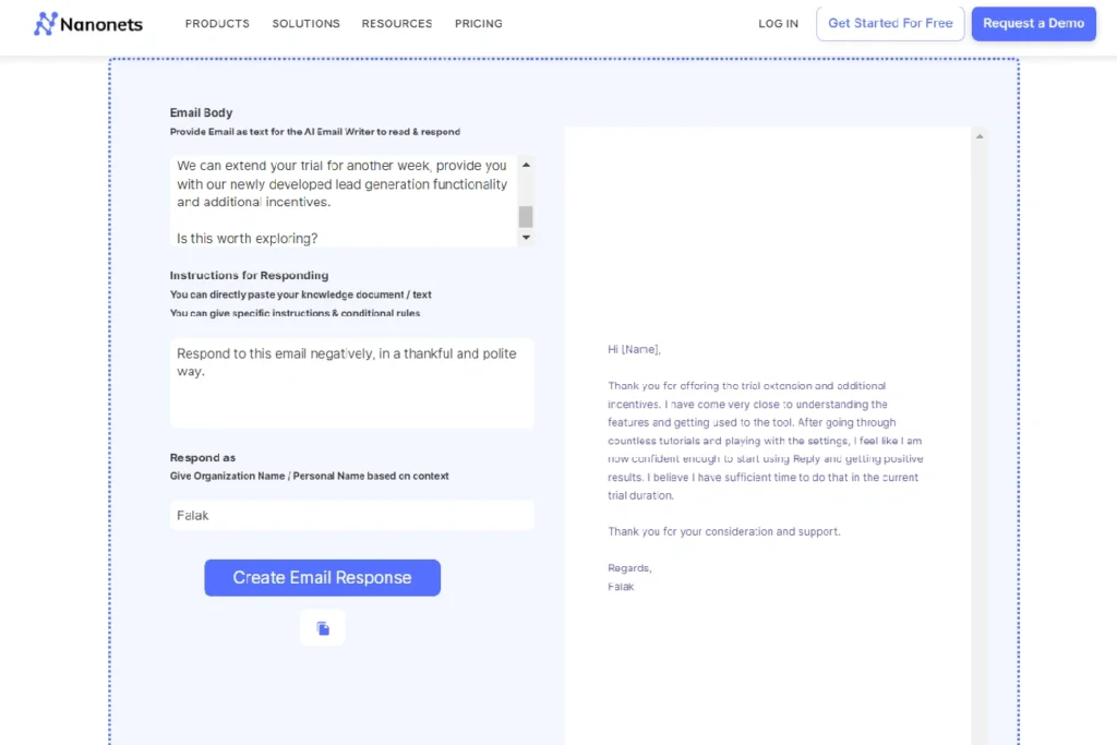Screenshot of Nanonets AI email responder interface showing input fields and a polite negative email reply.