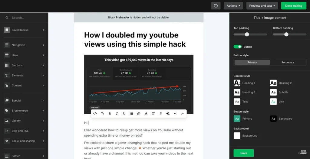 Screenshot of an email editor showing a draft titled 'How I doubled my youtube views using this simple hack' with a graph of YouTube stats.