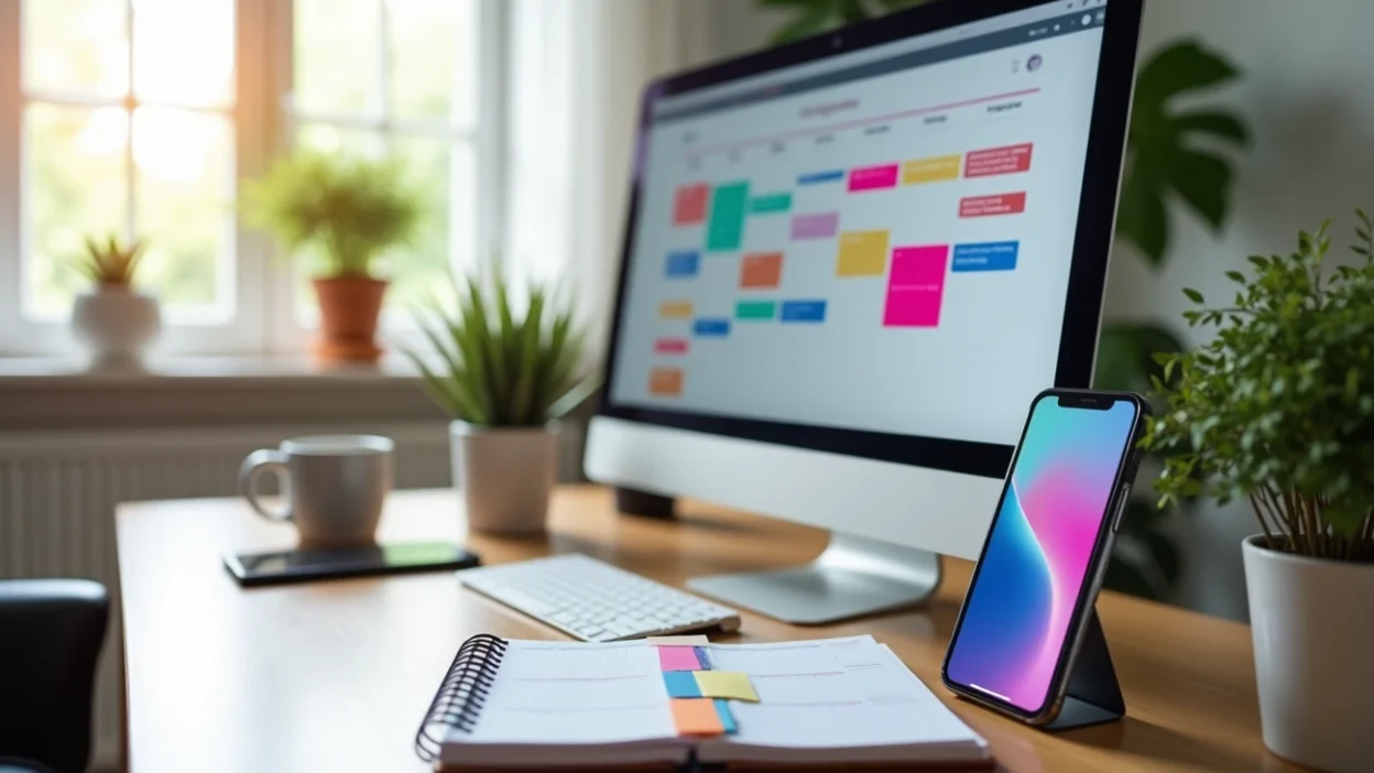 Desktop monitor displaying social media content calendar with colorful scheduled posts and planning interface