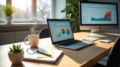 Workspace with laptop and iMac showing SEO analytics charts for surfer seo reviews analysis