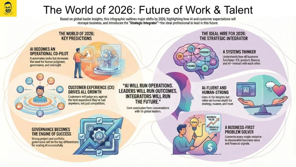 Infographic outlining 2026 work trends, AI's role, customer experience, governance, and the ideal strategic integrator hire.