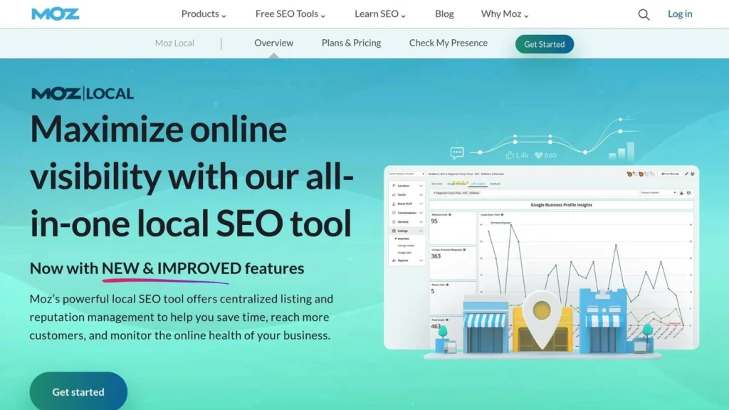 Moz Local homepage highlighting its all-in-one local SEO tool with new features for business visibility and reputation management.