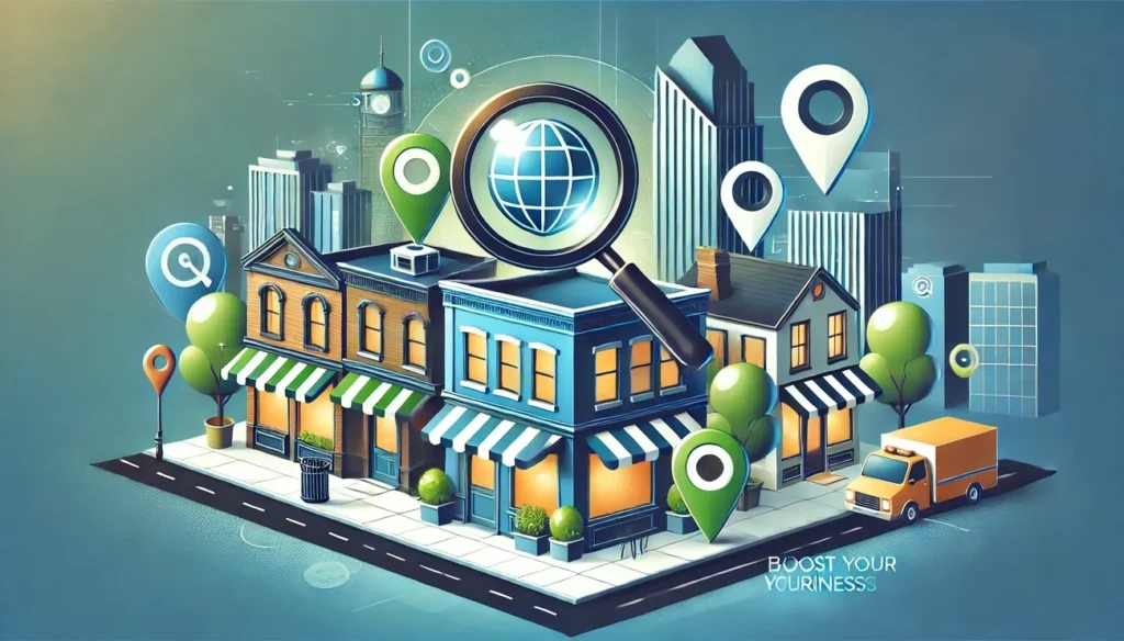 Illustration of a city block with businesses, map pins, and a magnifying glass focusing on local SEO and online visibility.