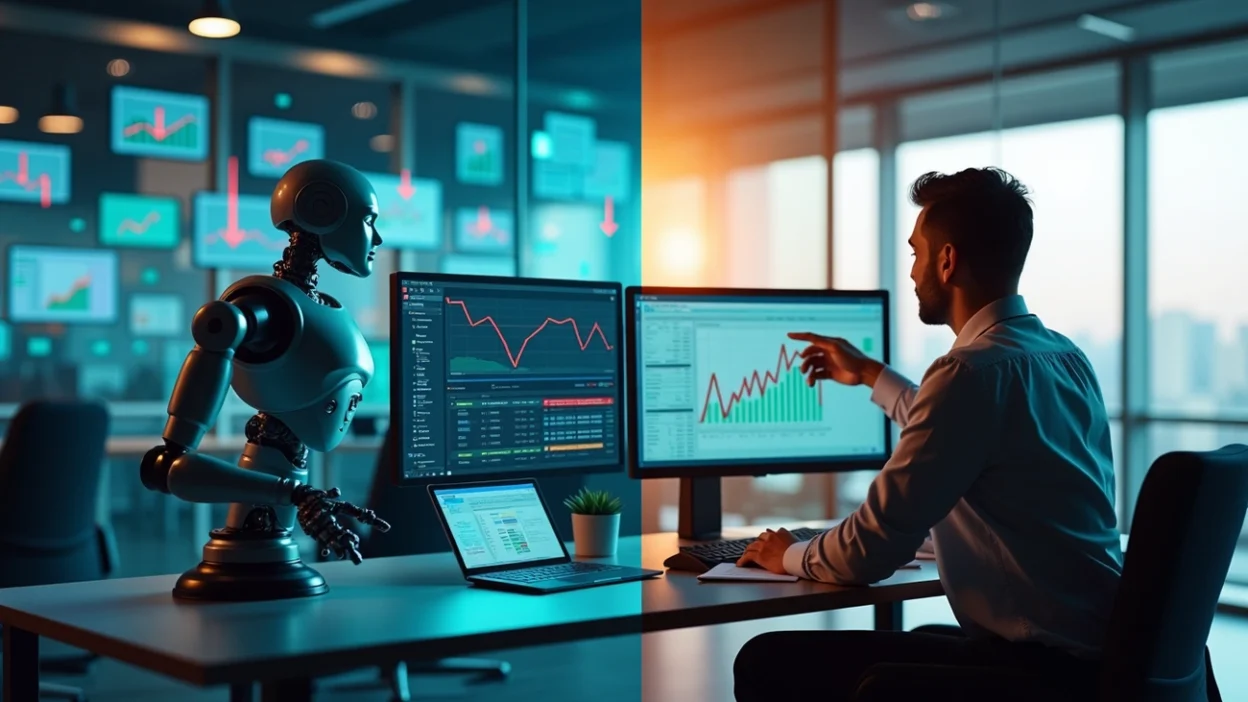 Professional collaborating with AI robot on ai seo strategy analytics using dual monitors in modern office