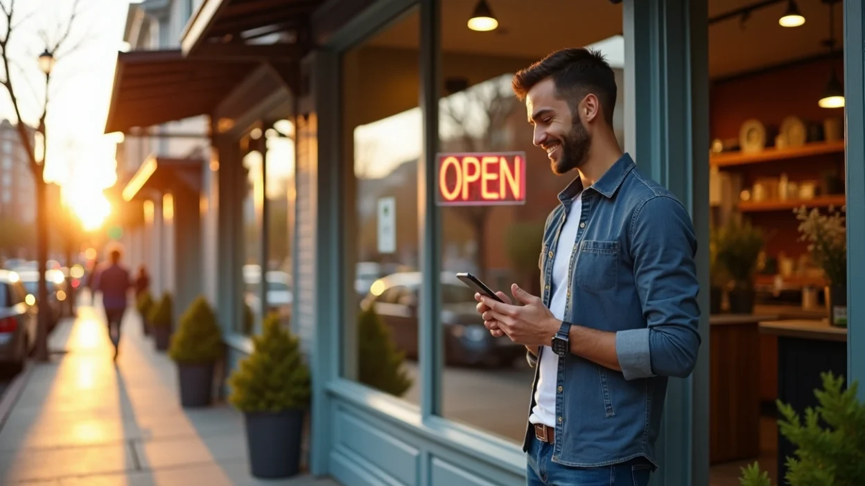 Business owner using smartphone for automated local seo outside storefront with open sign at sunset
