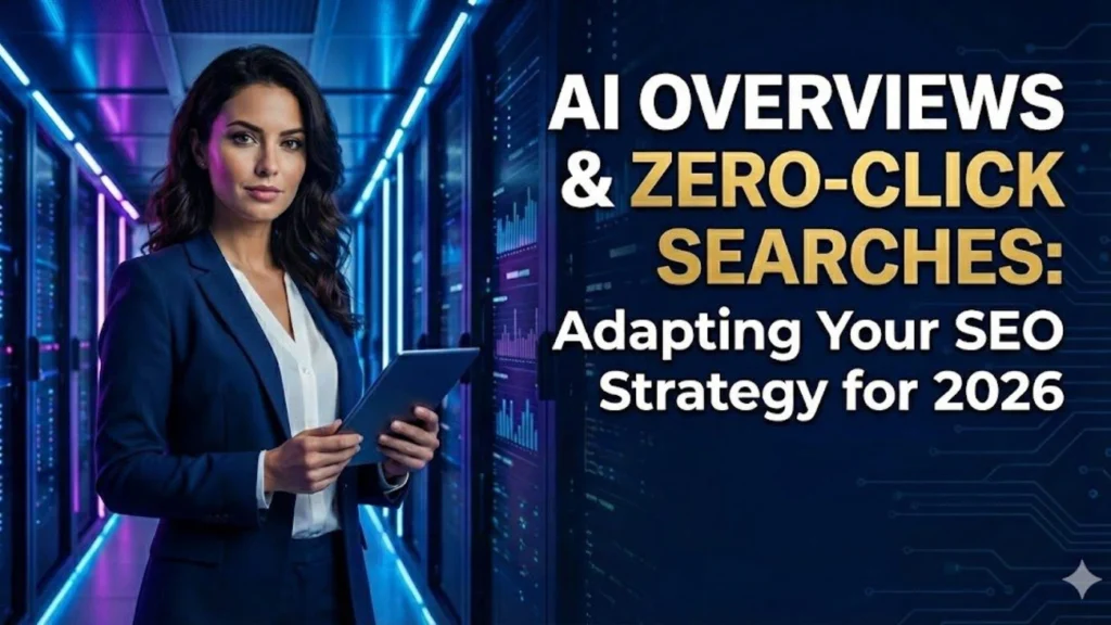 Business professional holding a tablet in a data center with text about AI overviews and zero-click SEO strategies for 2026.
