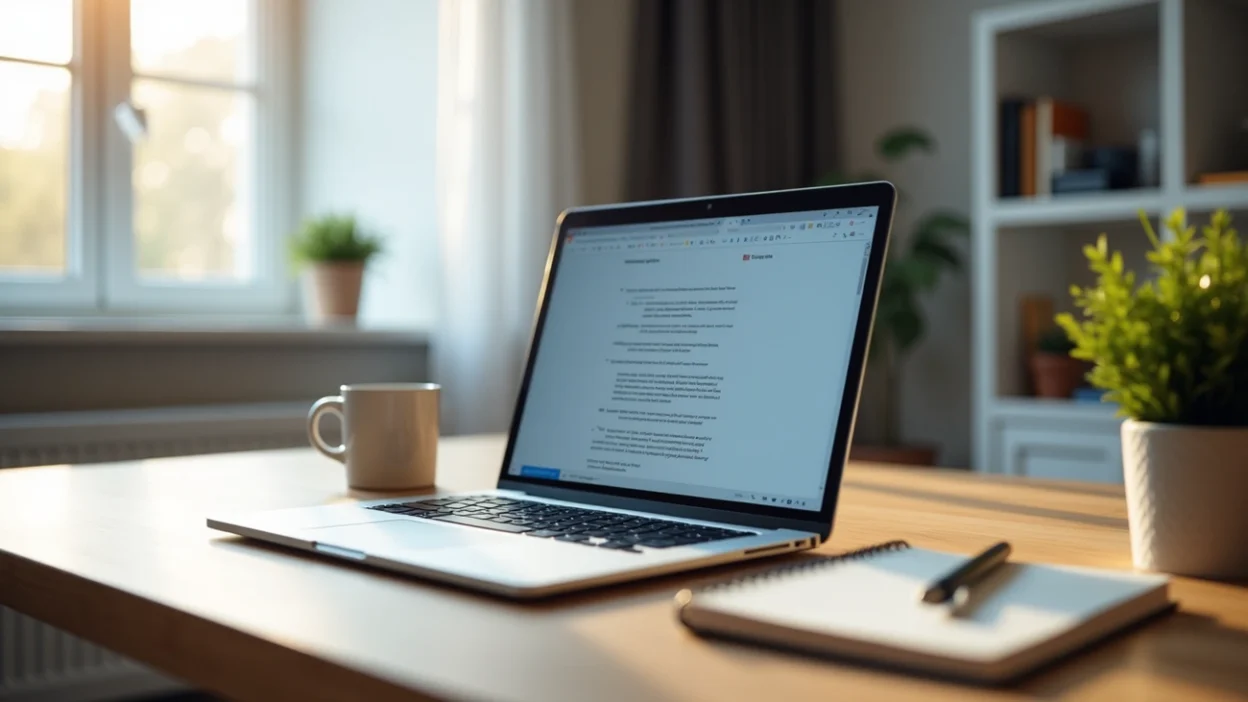 Laptop displaying ai writing tool interface with document editor in bright home office workspace with coffee and notebook
