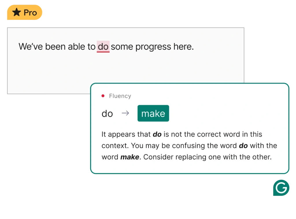 Grammar checker suggesting to replace 'do' with 'make' for fluency in the sentence 'We've been able to do some progress here.'