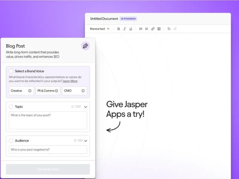Screenshot of Jasper AI content generator interface showing blog post options and a prompt to try Jasper Apps
